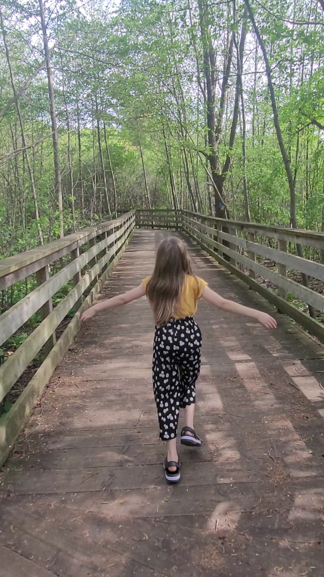 Girl standing on a bridge with arms out